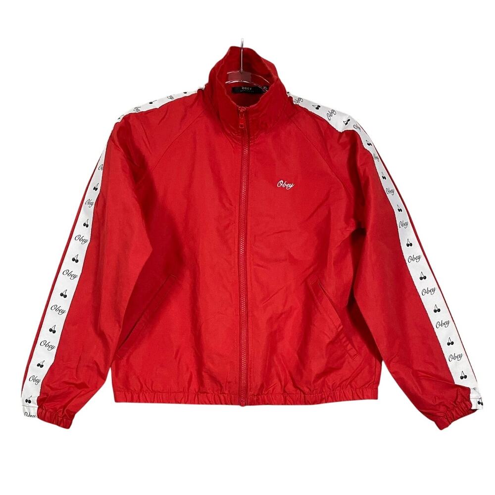 Women’s Obey Worldwide Cherry Windbreaker Full Zip Jacket Red Lightweight Coat
